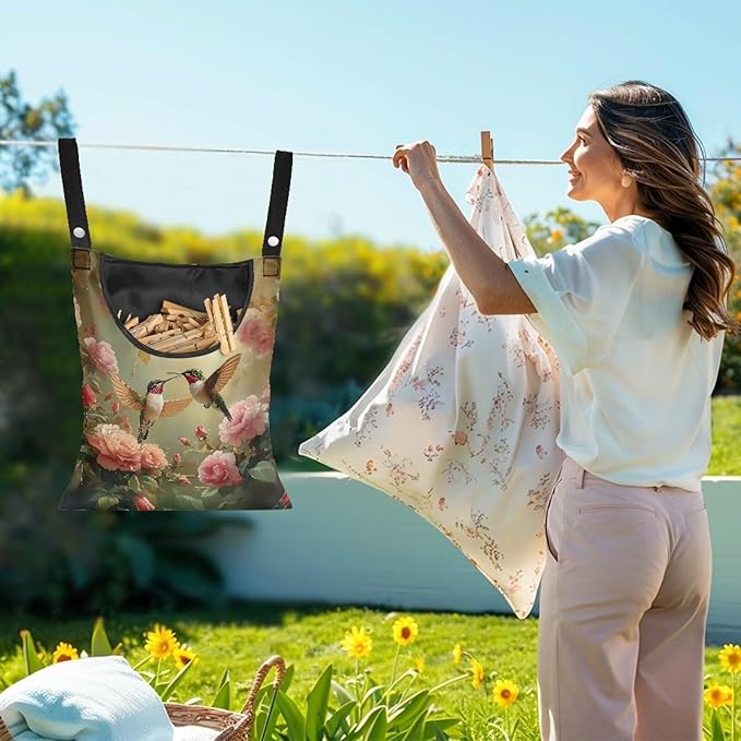 Clothespin Bag, Laundry Hanging Bag Fits Clothes Lines for Hanging Clothes Outside Balcony Bathroom Corridor Yard - Hummingbird Pattern