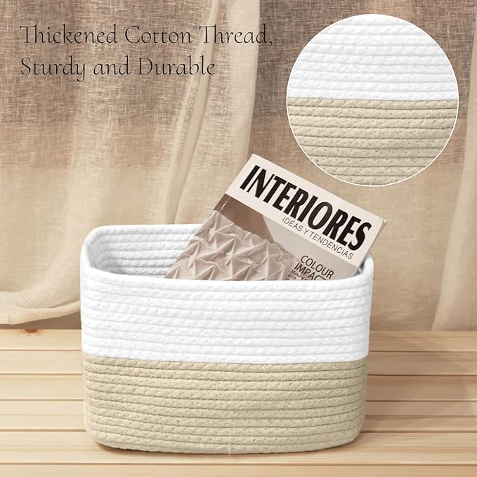 Hopegiver Woven Storage Baskets 11x8x7 Inch, 3 Pack Collapsible Cube Storage Bin for Shelves - Foldable Cotton Rope Organizer Bins for Towels, Toys, Books, Closet, Nursery (White Khaki)