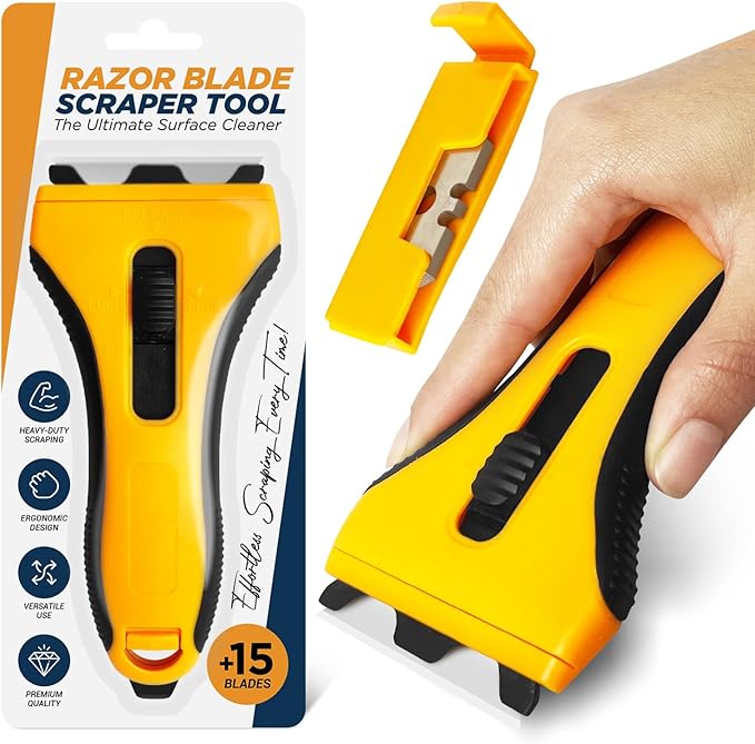 Razor Blade Scraper Tool With 15 Extra Blades - Razor Scraper Tool for Glass, Stove Top Scraper, Scraper Tool for Kitchen, Paint, Glass, Window, Cleaning