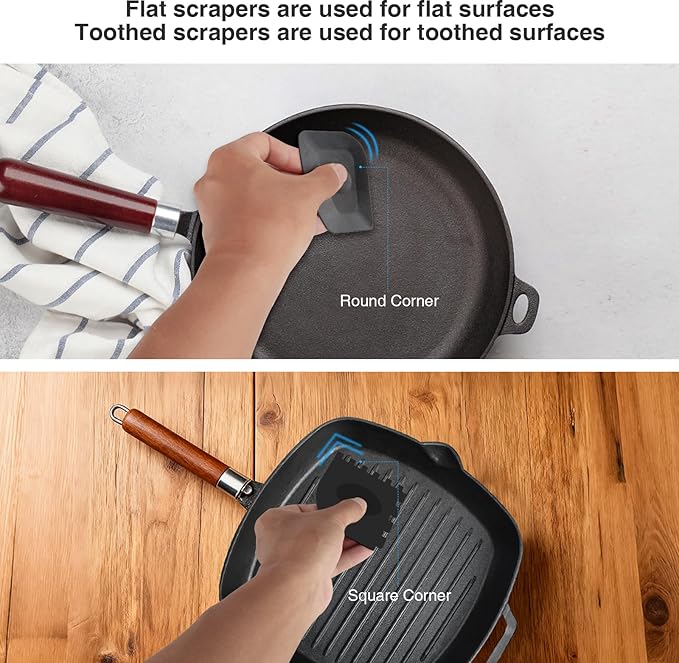 Cast Iron Scrubber and Scraper,Chain Mail Cleaner with Bamboo Handle & Draining Tray,316 Stainless Steel Brush for Cleaning Pots,Pans,Wok,Bakeware,Griddles, Grills(Large Chain Mail,2pcs)