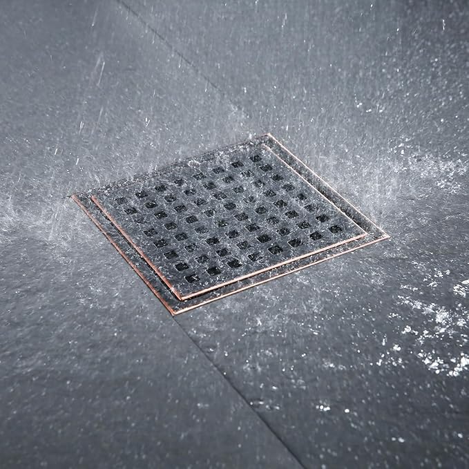 RANDOM 6 Inch Square Shower Floor Drain with Oil Rubbed Bronze Removable Quadrato Pattern Grate, PVC Shower Drain Base Flange,Include Hair Strainer,SUS 304 Stainless Steel