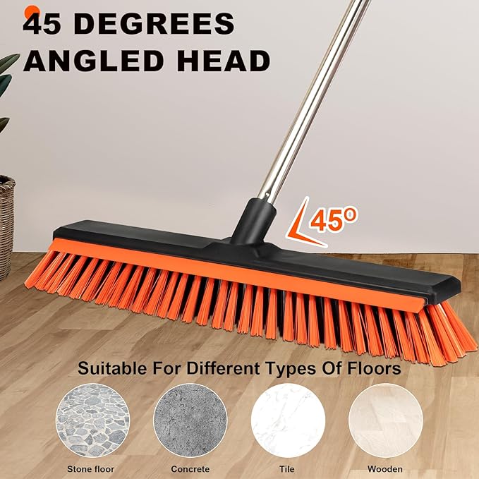 18" Push Broom Outdoor with Rubber Squeegee,Heavy Duty Broom Brush with Handle,Stiff Bristles for Patios and Deck Dirt Garage Warehouse Driveway Concrete Floor Cleaning Scrubbing