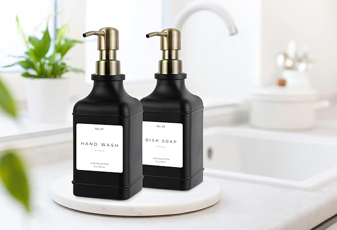 Emerson Essentials Soap Dispenser, Dish Soap Dispenser, Soap Bottle Bathroom Set, Hand Soap Farmhouse Home, Kitchen Soap Dispenser Set - Glass Soap Dispenser with Pump and Labels, 16 Oz, 2 Set