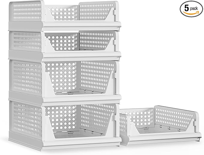 Proarea 5 Pack Stackable Plastic Storage Basket Closet Organizer Bin Foldable Clothes Organizer Storage Drawer Shelf Container for Living room Bathroom Kitchen Office (2L+3S)