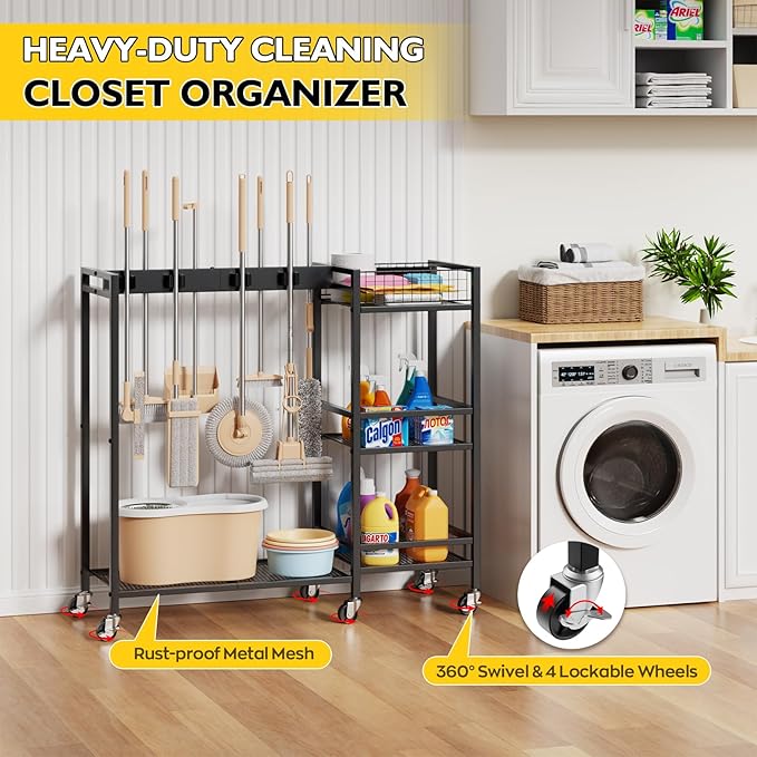 Broom Holder with Cleaning Supplies Organizer, Movable Broom Closet Storage Cabinet with Cleaning Caddy, Cleaning Cart with Mop Rack, Janitorial Housekeeping Cart on Wheels, Laundry Room Organization