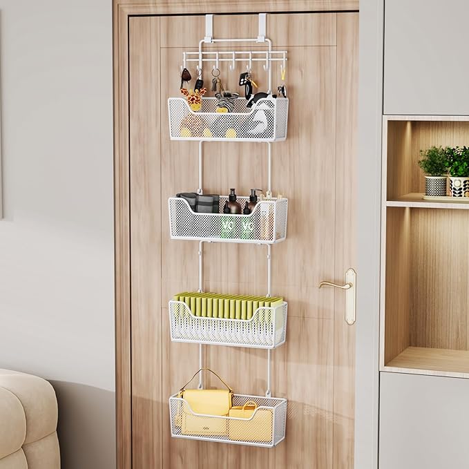 HapiRm Over Door Organizer Storage - Hanging Door Organizer with 4 Metal Large Capacity Baskets and Adjustable Coat Hook for Bathroom Bedroom Kitchen Pantry Closet Cabinet