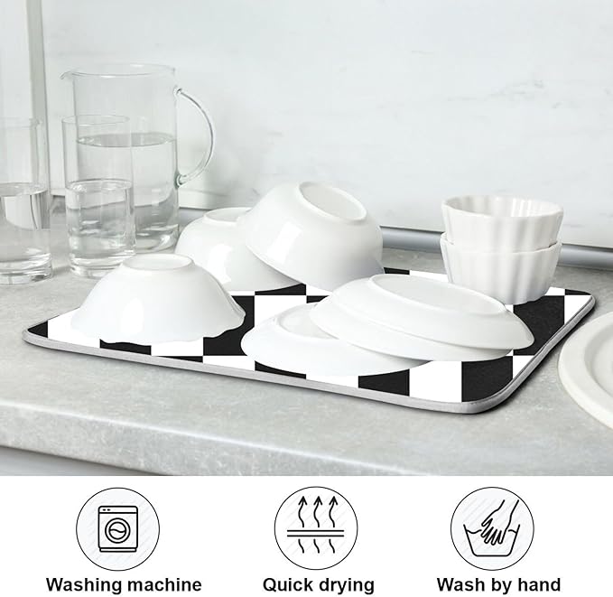 Black White Chessboard Dish Drying Mat for Kitchen Countertop 16x18 Plaid Checkered Rectangle Small Drying Mat Reusable Quick Dry Dish Sink Absorbent Mats Easy Clean Decorative Home Essentials