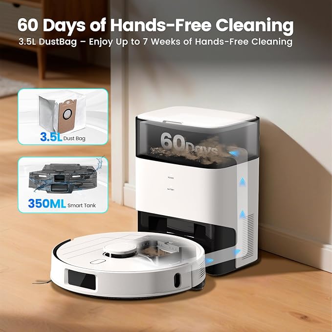 AIRROBO T30+ Robot Vacuum and Mop, Self-Emptying, 6000PA Suction, Proactive Intelligence Avoidance, APP ＆ Voice Control, LiDAR Navigation, Perfect for Pet Hair, Hard Floor,Carpet