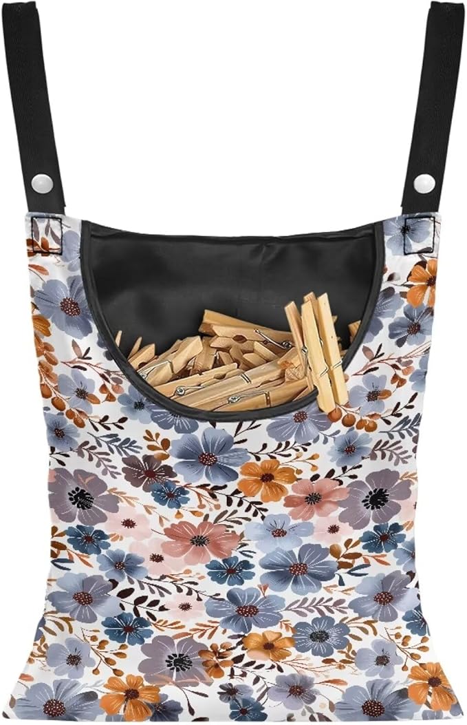 Blue Flowers Clothespin Organizer Bag Hanging Laundry Bag Portable Clothespin Storage with Hanger Hook 2 Ropes for Hanging and Effortlessly Sliding on Clothesline