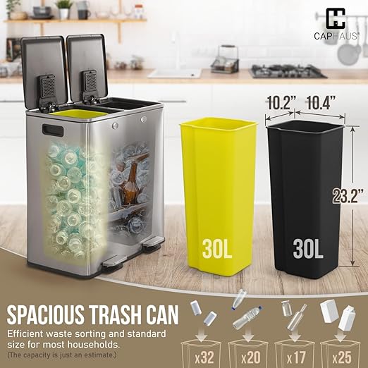 CAPHAUS Black Dual Trash Can w/Double Lid, Trash & Recycle Bins Combo, Hands-Free Stainless-Steel Garbage Can for Kitchen, with 2 Compartment, Hinged Lid, Odor Filters, Handles, 30L+30L, 2 x 8 Gal