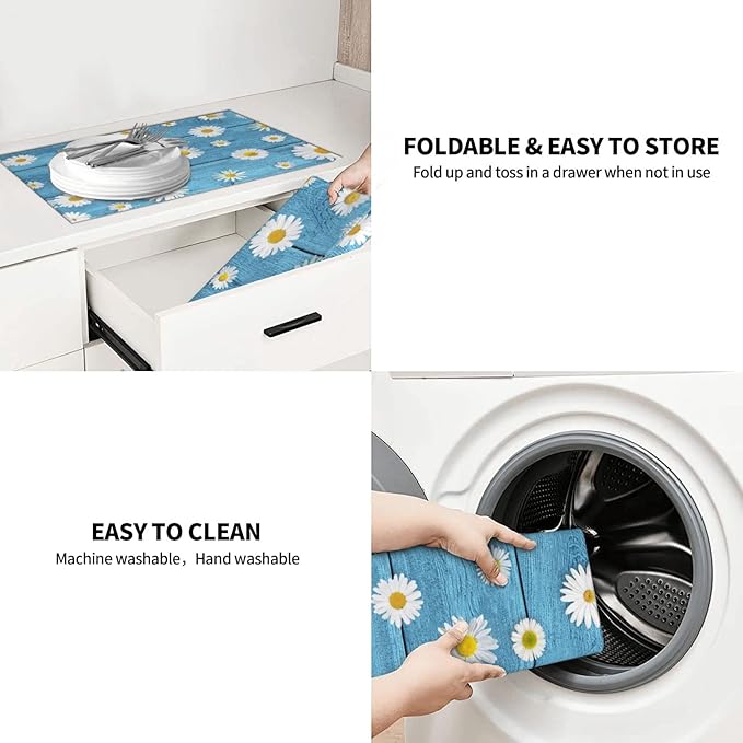 Daisies On Vintage Blue Wood Dish Drying Mats For Kitchen Counter Microfiber Absorbent dish Mat Xl Reversible Drying Mats For Countertop 18 Inch X 24 Inch