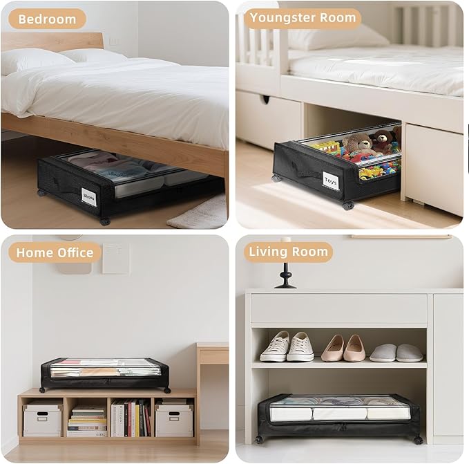 Under Bed Storage with Wheels 2-Pack，Under Bed Storage Containers XXL，Underbed Shoes Storage with Clear Lid,Rolling UnderBed Metal Drawer for Clothes Blankets Easy Pull-out Black