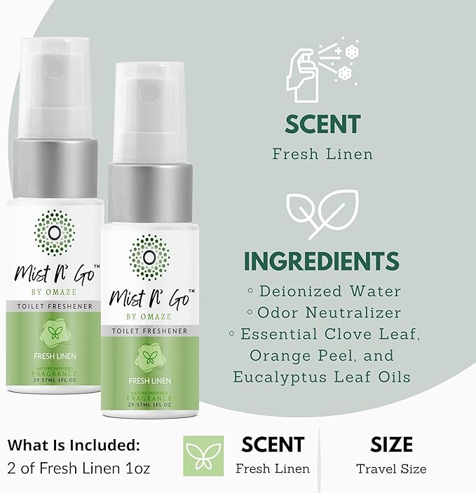Mist N' Go by Omaze Travel Bathroom Spray - Toilet Odor Eliminator & Air Freshener - Fresh Linen (1oz x2)