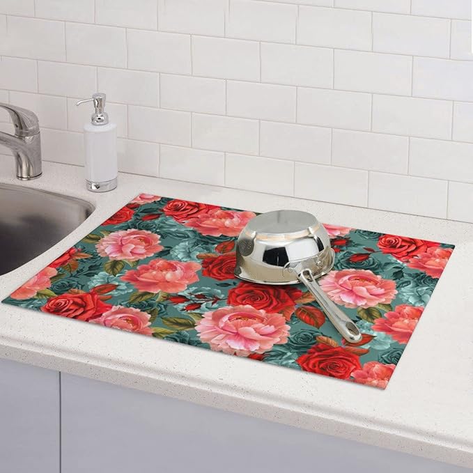Floral Boho flowers Dish Drying Mat For Kitchen Counter 18 X 24 Inch Absorbent Dish Mat Reversible Drainer Drying Kitchen Mat