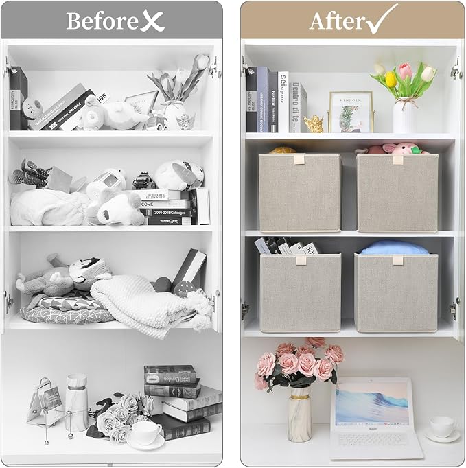 Storage Baskets, 11.8-Inch Woven Fabric Bins, Storage Cubes with Reinforced Handles, Organizer Bins for Closet Shelves, Foldable, for Toys, Clothes, Natural Beige (2PCS/Beige-11.8*11.8*11.8inch)