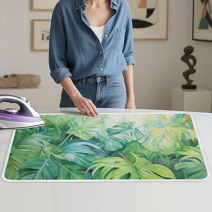 Green Ironing Mat Portable Ironing Pad Monstera Leaf 32 x 16 Inch Large Ironing Mat for Table Top of Washer, Dryer, Table Top, Countertop, Heat Resistant Iron Board Pads