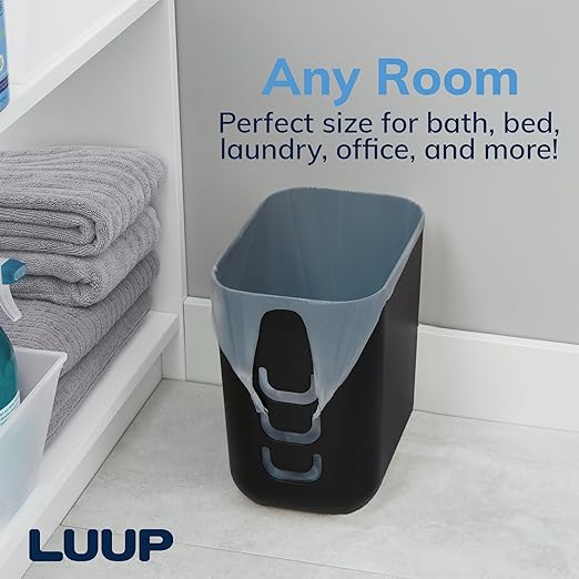 STORi Luup Bathroom Wastebasket, Secure Grocery Bags, Plastic Garbage Container for Vanity, Laundry Room, Kitchen, Office, 2.5 Gallon, Black, Made in USA