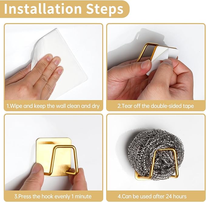 2Pcs Adhesive Sponge Holder for Kitchen Sink Essentials, Stainless Steel Dish Soap Holder, Rustproof and Waterproof, Quick Drying, Minimal Size Saves Space, Gold
