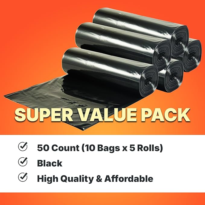 55-60 Gallon Trash Bags, 50 Micron Heavy Duty Pure LDPE Garbage Can Liners, 36" x 58" Large, Black, 50 Count