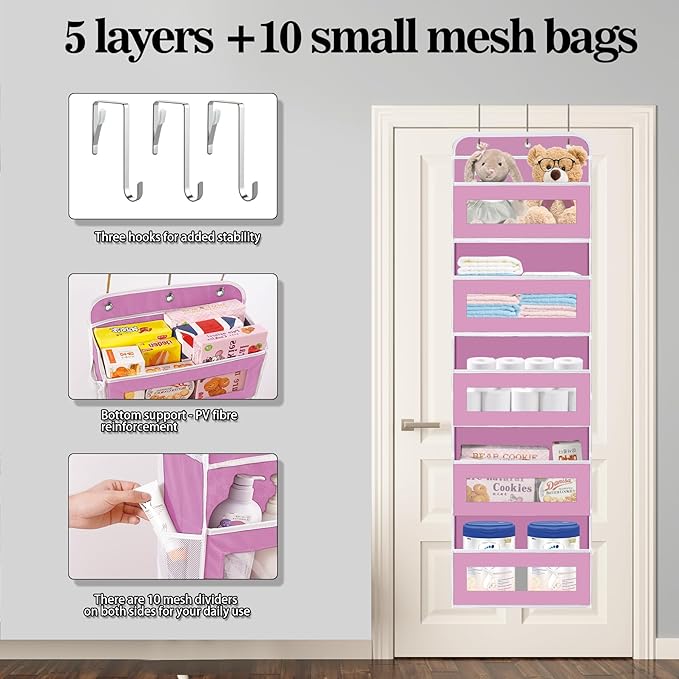 Over The Door Organizer, 5 Shelves Closet Door Hanging Organizer with 10 Mesh Pockets, Nursery Closet Organizer, Baby Essentials, Dorm Room Essentials for Girls