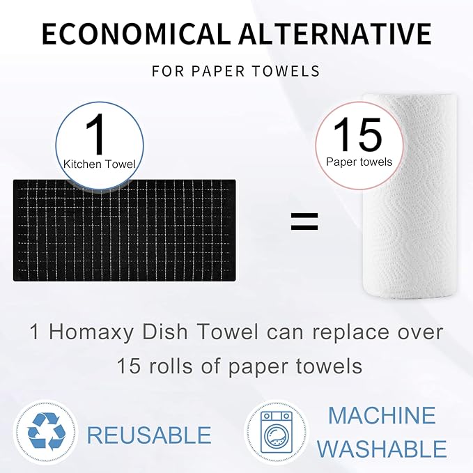 Homaxy 100% Cotton Terry Kitchen Towels(Black, 13 x 28 inches), Checkered Designed, Soft and Super Absorbent Dish Towels, 4 Pack