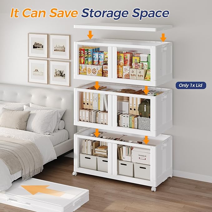 1000Qt Stackable Storage Bins with Lid and Wheel, 250Gal Plastic Closet Organizer and Storage Drawer, Large Collapsible Storages Box Cabinet with Clear Door for Home Kitchen, 5Pack White