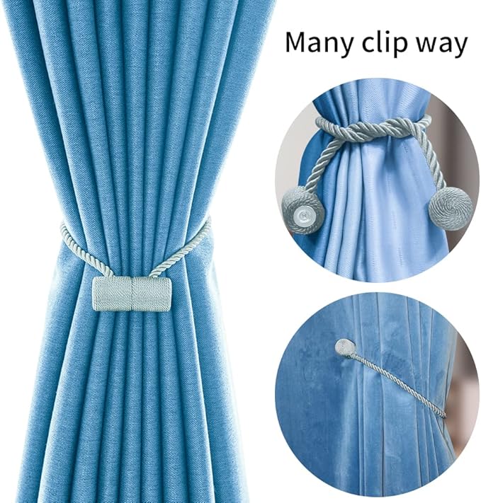 18 Inch Strong Magnetic Curtain Tiebacks, Curtain Holdbacks Modern Upgrade Strong 2021 New Twisted Style Decorative Drapery Rope Tie Backs(2 Pack Grey Blue)