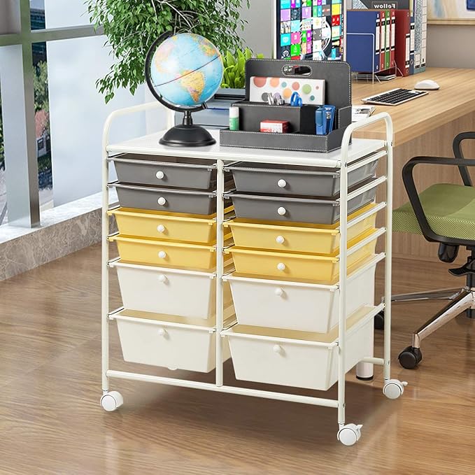 GOFLAME 12-Drawer Rolling Storage Cart, Multipurpose Organizer Cart with 2 Sizes Plastic Drawers, Mobile Utility Cart with Lockable Casters for School, Home Office, Beauty Salon, Yellow