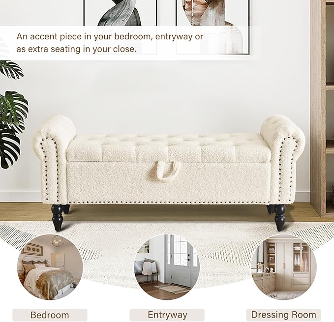 Furnimart Storage Ottoman Bench for Queen Size Bed, Faux Fur Upholstered Storage Bench Accent Bench with Rolled Arms for Bedroom,Living Room, Entryway, 2.5Cubic Feet