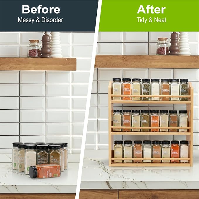 3 Tier Bamboo Spice Rack, Spice Rack Organizer, Seasoning Jars Rack Shelf Spice Organizer for Kitchen Counter or Wall Mounting, Bamboo Spice Storage Holder with handles Easy to Move