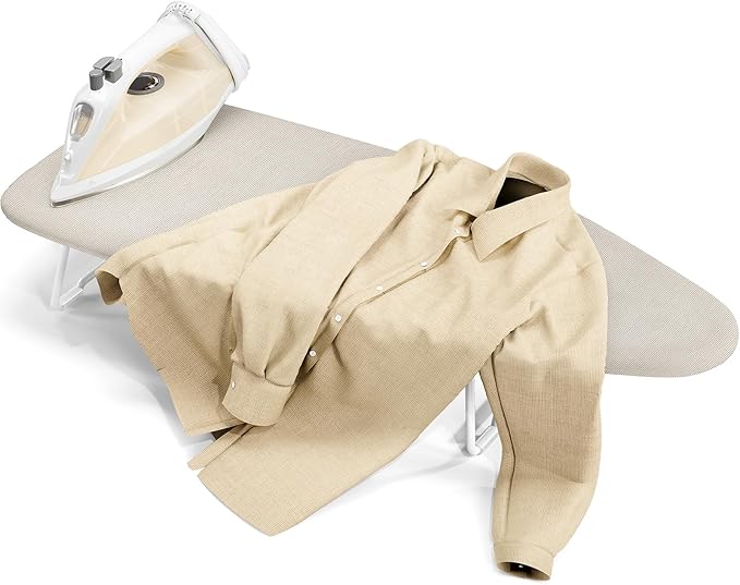 Small Ironing Board Tabletop with Heat Resistant Cover, Compact Mini Ironing Board with Metal mesh Frame, for dorms, aprtment and Travel, Hook for Hanging, Iron Board 30x12, Iron Table Stand Beige