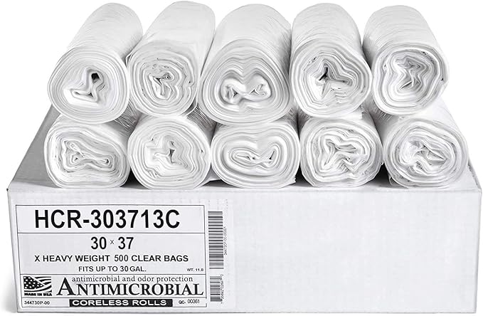 Aluf Plastics HCR-303713C High Density Star Sealed Coreless Roll Bags, 30 gal, Polyethylene, 30" x 37", Clear (Pack of 500)
