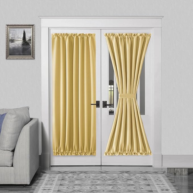 DWCN French Door Curtains – Rod Pocket Thermal Blackout Curtain for Doors with Glass Window, Kitchen and Patio Doors for Privacy, 54 X 72 Inches Long, 1 Curtain Panel with Tieback, Light Yellow