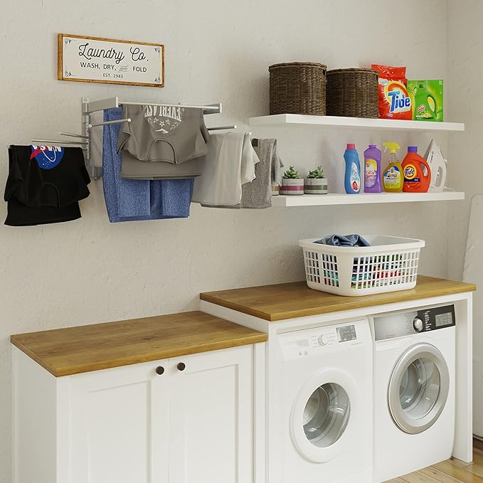 brightmaison BGT Wash Clothes Drying Rack Wall Mount Laundry Room Organizer with Hooks & Swing Arms, 17" Metal Laundry Rack Silver