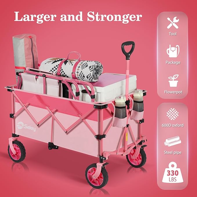 Sekey 220L Collapsible Foldable Wagon with 330lbs Weight Capacity, Heavy Duty Folding Wagon Cart with Big All-Terrain Wheels & Drink Holders (Pink)