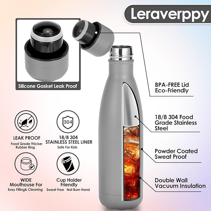 17oz Cola-Bottle Shaped Stainless Steel Leak-proof Water Bottle,Double Wall Vacuum Insulated Metal,Travel Mug For Sports Indoors & Outdoors,BPA-Free School Kids Flasks,Gray(12Pack)