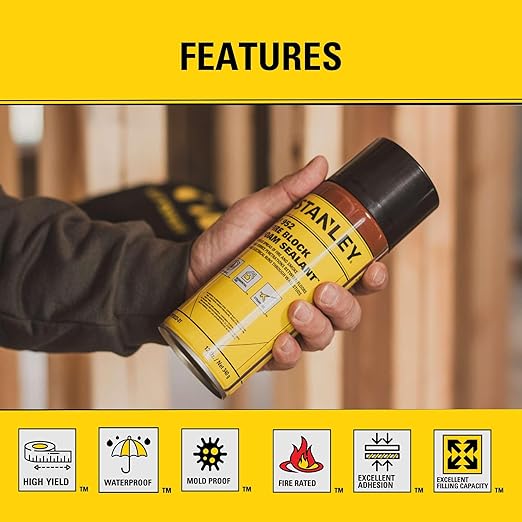 Stanley F952 Fire Block Spray Foam – (2x12oz) Fire Rated Expanding Polyurethane Foam Sealant for Gap Filling & Sealing on Doors, Windows, Walls, Pipes & Joints – Indoor/Outdoor Straw Use | 2 Pack