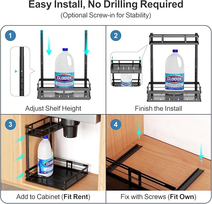 iSPECLE Under Sink Organizer - 2 Pack Under Kitchen Sink Pull Out Organizer Expandable Width Add Storage Space, Adjustable Height Easy Get Items, Under Sink Storage No Drilling Slide Smoothly