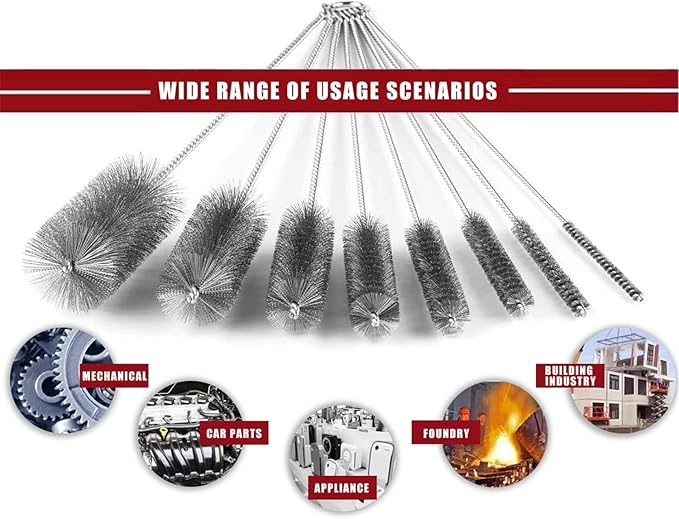 Pipe Cleaning Brush Set Stainless Steel Bristles, Stainless Steel Pipe Brush Steel Bottle Brush 9 Piece Variety Pack for Auto Parts, Bottles, Tubes, Etc.