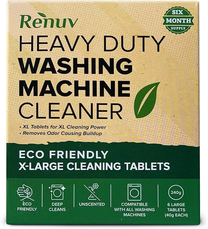 Renuv Heavy Duty Washing Machine Cleaner Descaler Tablets - Deep Cleaning for Front Load or Top Load Washer, 6 Pack