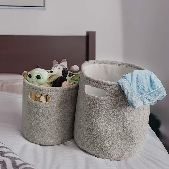 PUTSKA Basket – Round Storage for Toys, Clothes, Stuffed Animals – Soft Baby Girl Basket for Nursery, Kids Room, Bedroom, Living Room – Large, Grey