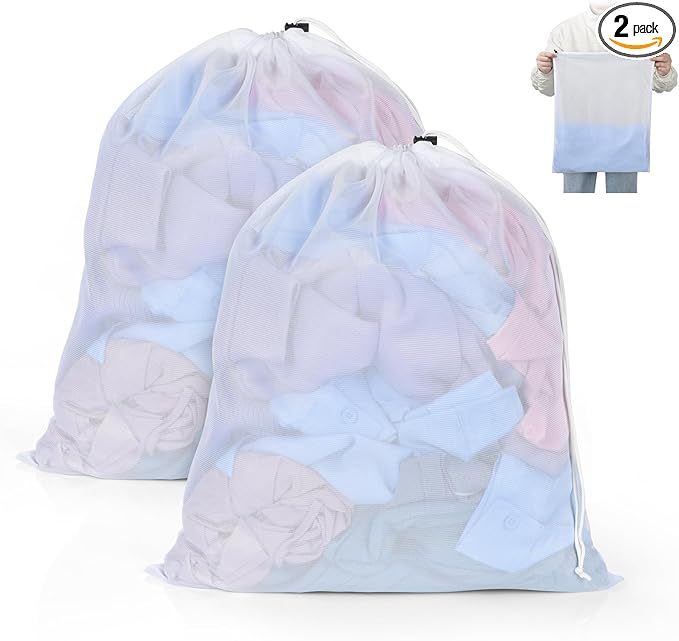 OTraki 16 x20 Inch Small Laundry Bags 2PCS Fine Mesh Washing Bag Drawstring Dirty Clothes Machine Washable Delicates Bra Lingerie Socks Toy Garment Bag for Home Travel Dorm White
