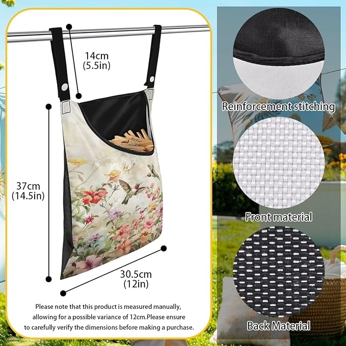 Hummingbird Pink Clothespin Bag, Large Clothes Pin Hanging Bag, Pin Bag with Large Opening for Clothes Lines Outside Yard Home Decoration