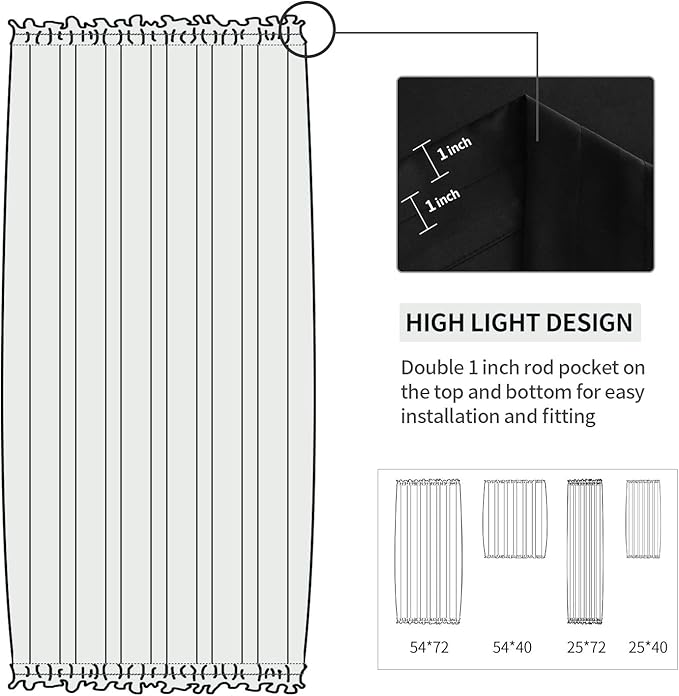 DWCN French Door Curtains – Rod Pocket Thermal Blackout Curtain for Doors with Glass Window, Kitchen and Patio Doors for Privacy, 25 X 40 Inch Length, 1 Curtain Panel with Tieback, Black
