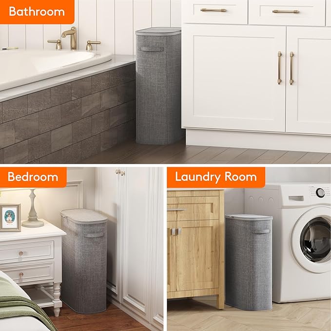 Lifewit 65L Slim Laundry Basket with Lid, Narrow Large Laundry Hamper with Plastic Handles and Removable Bag, Tall Foldable Dirty Clothes Hampers for Laundry Room, Bedroom, Bathroom, Dorm, Gray