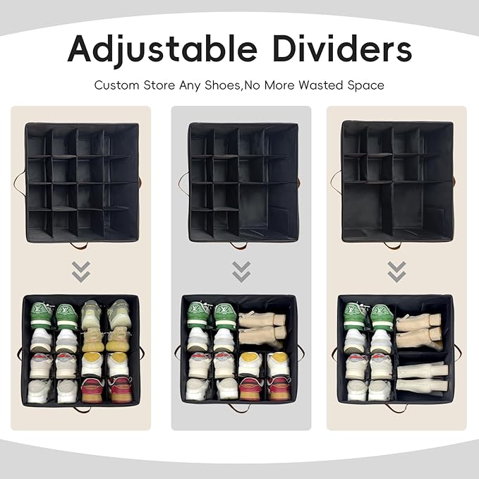 Shoe Organizer for Closet, 2 Pack Shoe Storage Bins with Clear Cover, Adjustable Dividers Fits 16-32 Pairs ShoeBoxes, Organizador de Zapatos, Navy Blue