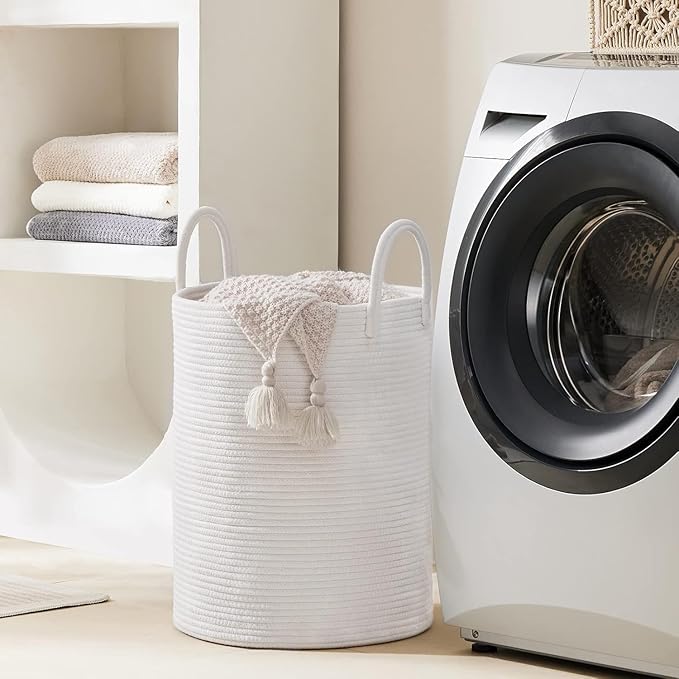 Woven Rope Laundry Hamper Basket by YOUDENOVA, 72L Tall Luandry Basket, Baby Nursery Hamper for Blanket Storage in Bedroom-Large-Pure White