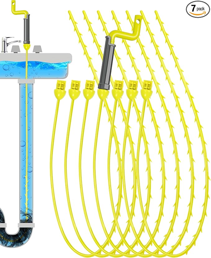 Drain Clog Remover Tool, 30 Inch Sink Snake Hair Clog Remover with Rotating Handle and 7 Wand Spares, Anti-Break Nylon Drain Hair Remover Plumbing Snake, Unclog Drain Quickly and Easily-7 Pack