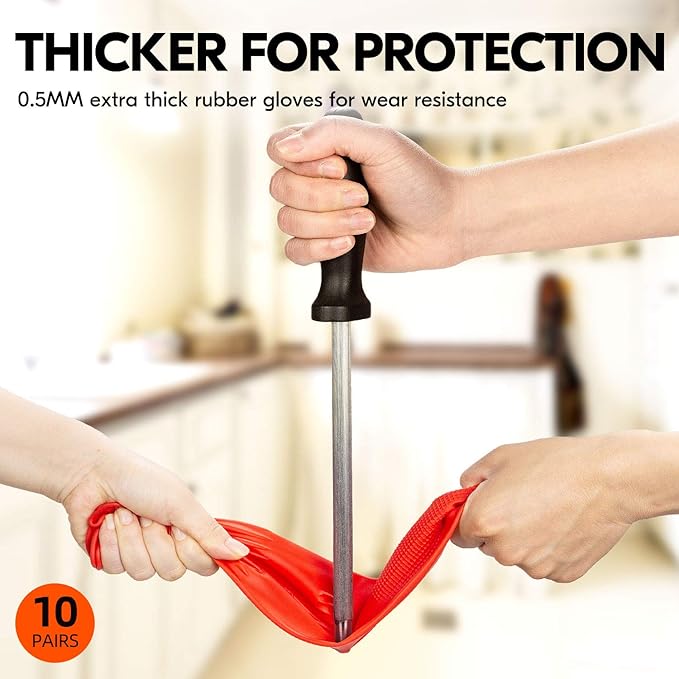 Vgo... 10-Pairs Dishwashing Gloves, Reusable Household Gloves, Long Sleeve, Thick Latex, Cleaning, Washing, Working, Painting, Gardening, Pet Care (Size L, Red, RB2143)