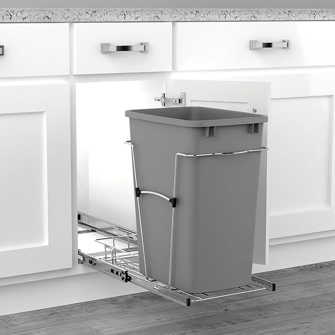 Rev-A-Shelf Pullout Trash Can for Kitchen Cabinets 35 Qt Garbage Waste Recycling Bin w/ Full Extension Slide, Metallic Silver, RV-12KD-17C S